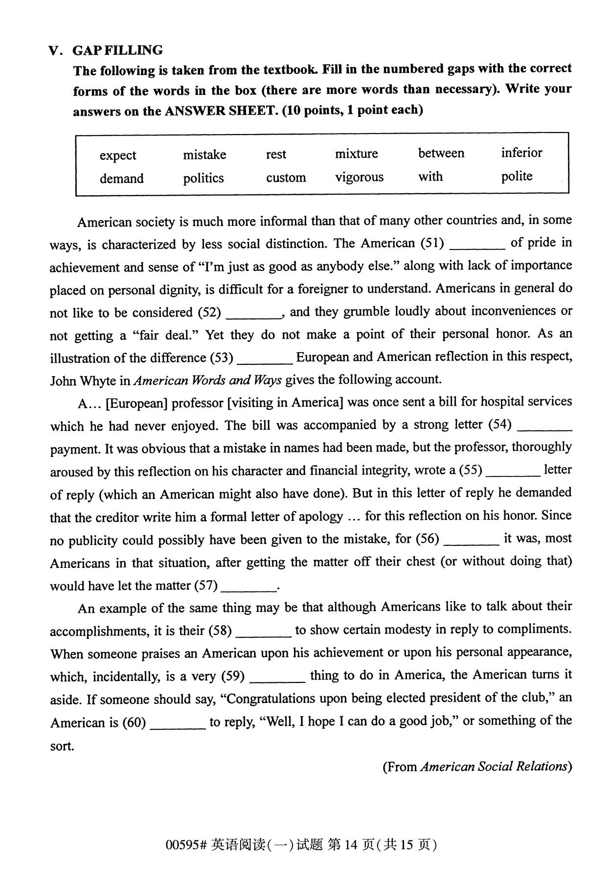全国2020年10月自学考试00595英语阅读(一)试题